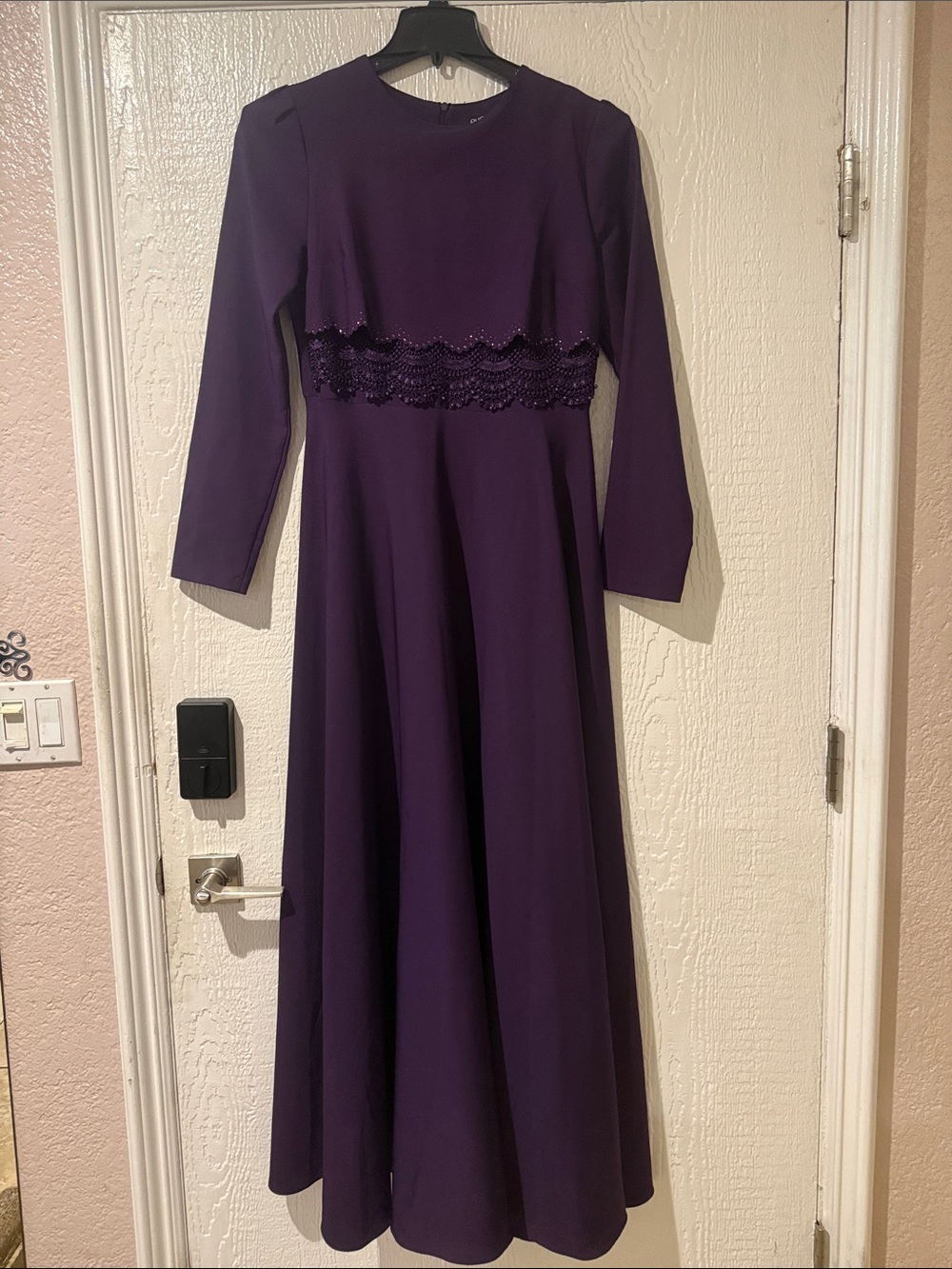 Classic Long Sleeve Purple Maxi Dress with Lace Waist Detail